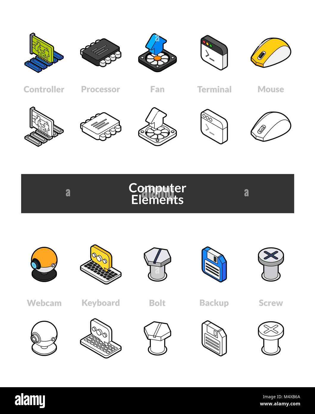 Eingestellt von isometrischen Symbole in Otline Stil, farbigen und schwarzen Versionen Stock Vektor