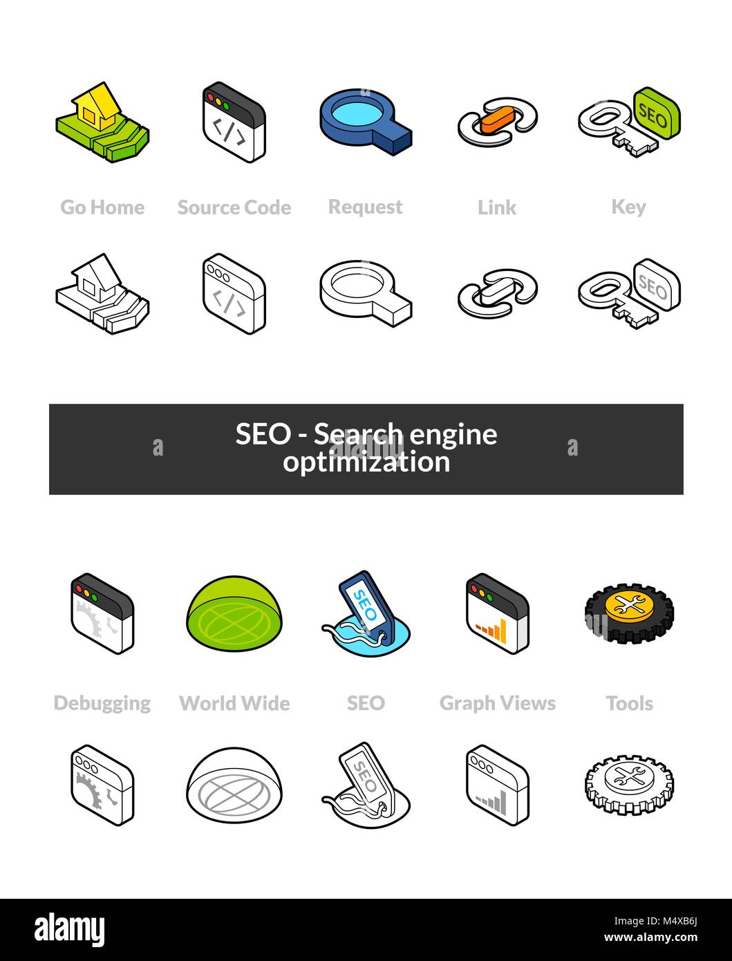Eingestellt von isometrischen Symbole in Otline Stil, farbigen und schwarzen Versionen Stock Vektor