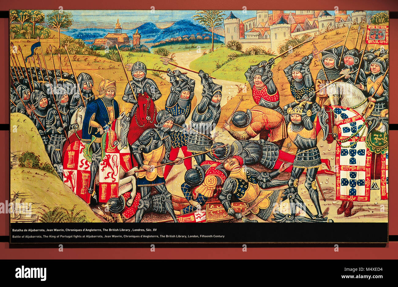 Kopie einer mittelalterlichen Malerei zeigt die historische Schlacht von Aljubarrota im Interpretation Centre (CIBA) von Aljubarrota Schlacht in der Nähe von Batalha Stockfoto