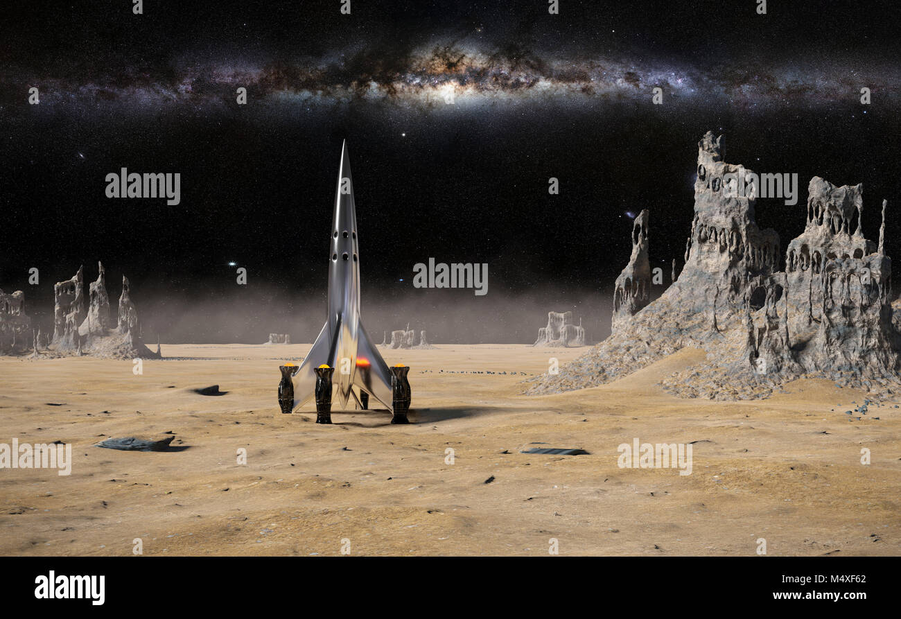 Raumschiff landete auf der Oberfläche eines fremden Planeten, Landschaft mit seltsamen Felsformationen (3d-Abbildung) Stockfoto