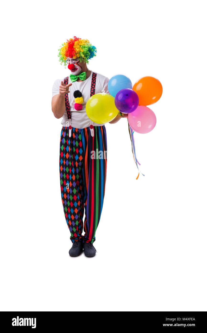 Lustiger Clown mit Luftballons isoliert auf weißem Hintergrund ...