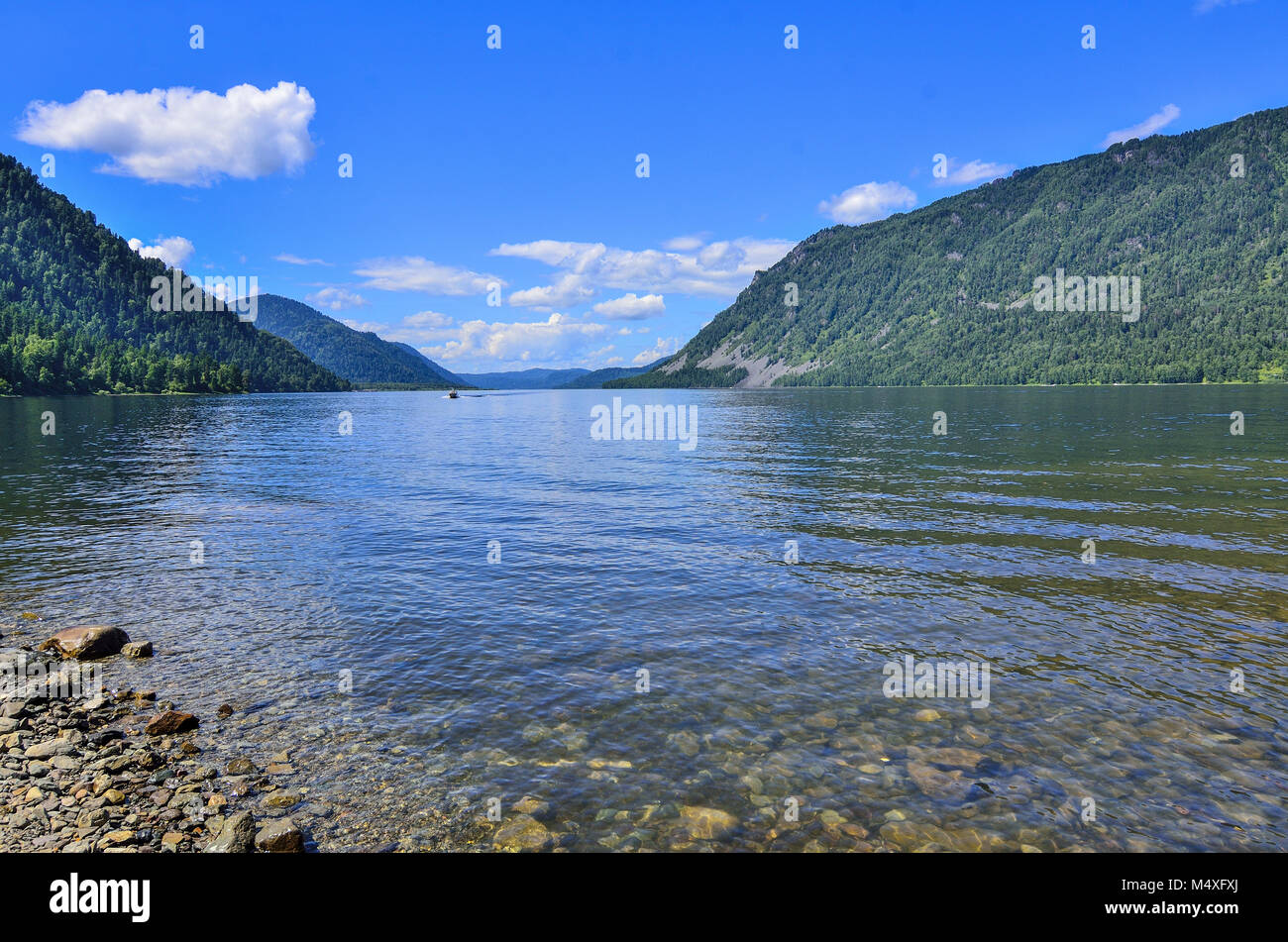 Teletskoye oder Golden Lake. Altai Gebirge Sommer Landschaft Stockfoto