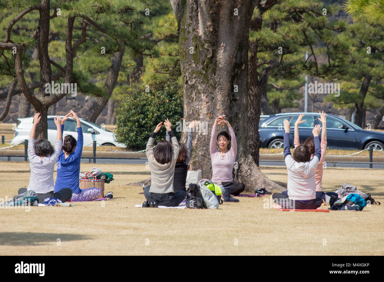Eine Yogastunde teilnehmen am Mittag in der Kokyogaien National Park, in der Nähe des Imperial Palace, Tokyo Stockfoto
