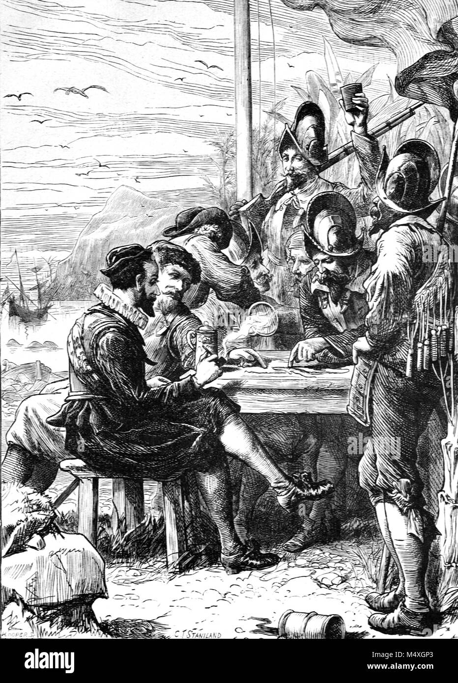 Sir Walter Raleigh (1554-1618), englischer Schriftsteller, Dichter, Soldat, Politiker und Explorer mit seiner Mannschaft in der Neuen Welt auf seiner zweiten Expedition 1617 nach Venezuela auf der Suche nach El Dorado (Gravur, 1888) Stockfoto Sir Walter Raleigh (1554-1618), englischer Schriftsteller, Dichter, Soldat, Politiker und Explorer mit seiner Mannschaft in der Neuen Welt auf seiner zweiten Expedition 1617 nach Venezuela auf der Suche nach El Dorado (Gravur, 1888) Stockfoto