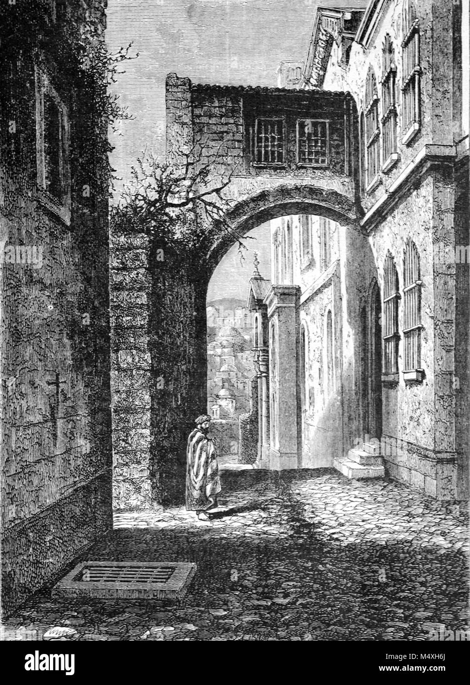 Ecco homo Arch und das Kloster der Schwestern von Zion auf der Via Dolorosa Straße in der alten Stadt Jerusalem. Viele Christen der Ort war, wo Pontius Pilatus Christus zu einer feindlichen Publikum vorgestellt zu glauben. Der Überlieferung nach Jesus die Straße entlang ging, tragen sein Kreuz zu seiner Hinrichtung (Gravur, 1888) Stockfoto