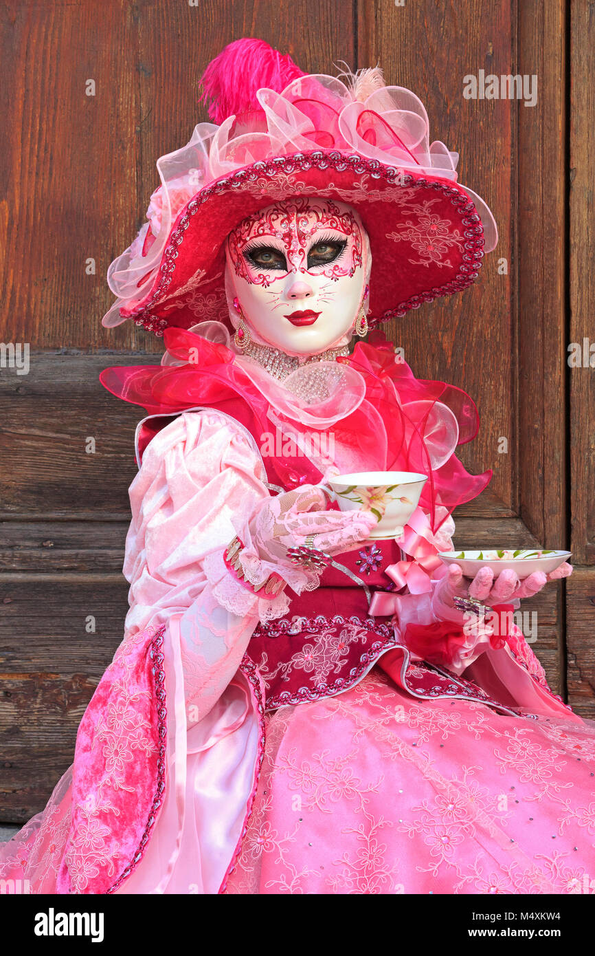 Eine Dame gekleidet wie eine weibliche Katze während des Karnevals von Venedig (Carnevale di Venezia) in Venedig, Italien Stockfoto