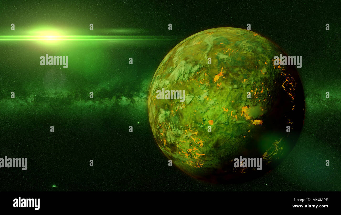 Geheimnisvollen fremden Planeten mit Lavaströmen beleuchtet durch eine grüne Sonne (3d-Abbildung) Stockfoto