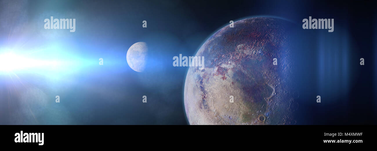 Exoplanet und exomoon beleuchtet von einer fremden Sonne Stockfoto