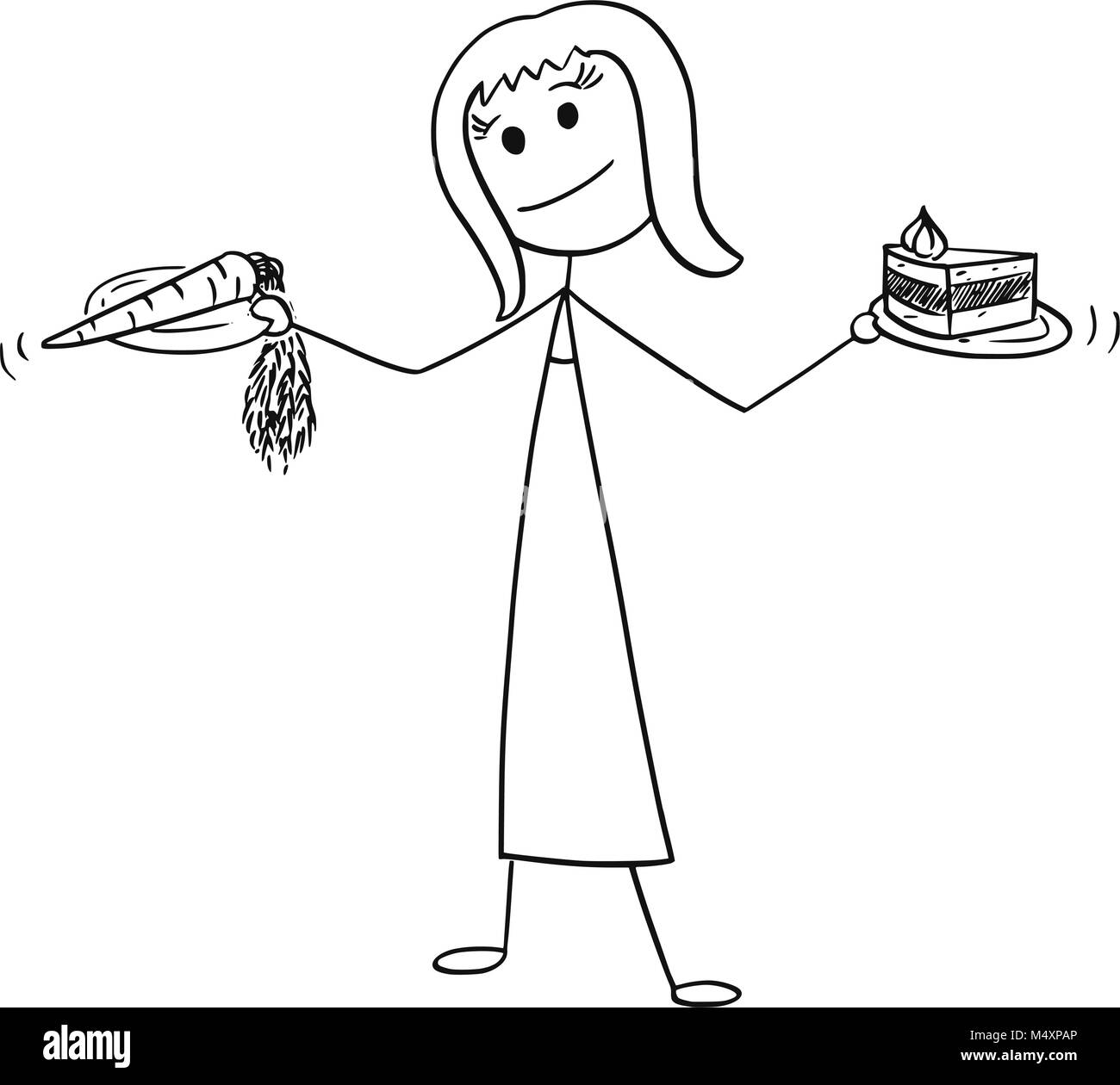 Cartoon von Frau entscheiden, mit gesunden und ungesunden Essen in Händen Stock Vektor