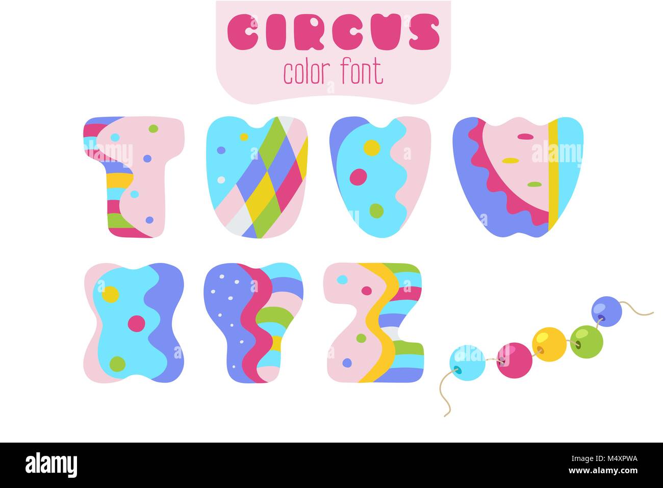 Lustige Cartoon Stil bunte Vektor Alphabet in Großbuchstaben. Font Set mit Buchstaben T, U, V, W, X, Y, Z und Sling kabel Perlen Stock Vektor