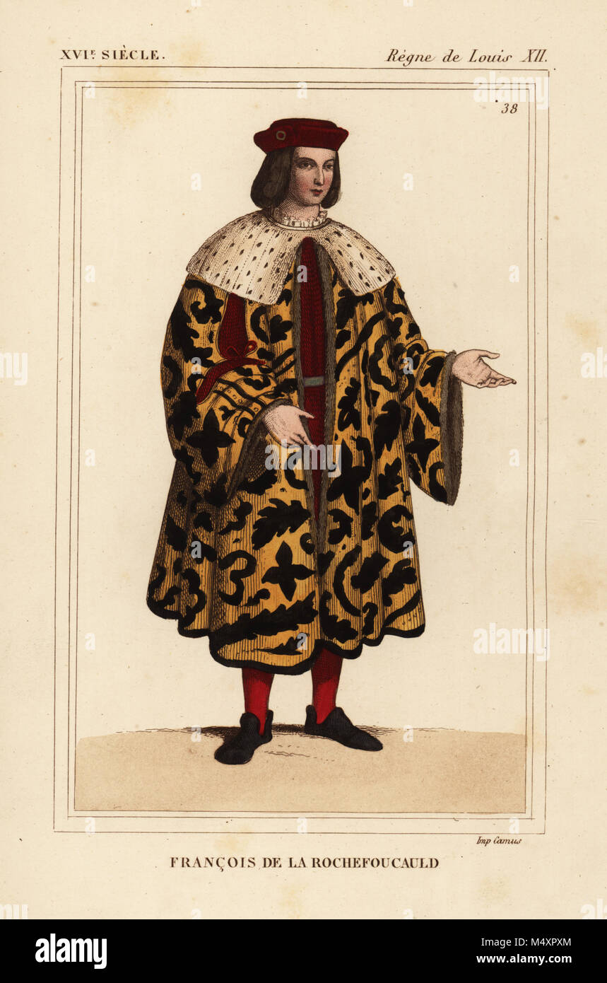 Francois de La Rochefoucauld, chamberlain zu Karl VIII., Ludwig XII., d. 1517. Papierkörbe Lithographie nach einer Miniatur der Hof von König Ludwig XII. in Roger de Gaignieres' portfolio VII 141 von Le Bibliophile Jakob aka Paul Lacroix's Kostüme Historiques de la France (Historische Kostüme von Frankreich), Verwaltung de Librairie, Paris, 1852. Stockfoto