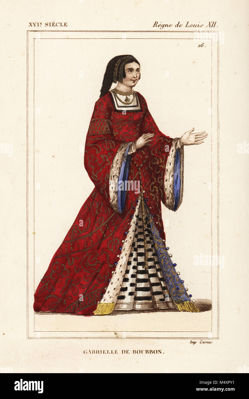 Gabrielle de Bourbon, Ehefrau von Louis II. von La Trimouille, Verfasser der Spirituals, d. 1516. Papierkörbe Lithografie nach einer Miniatur, die den Hof von König Ludwig XII. in Roger de Gaignieres' portfolio VII 142 von Le Bibliophile Jakob aka Paul Lacroix's Kostüme Historiques de la France (Historische Kostüme von Frankreich), Verwaltung de Librairie, Paris, 1852. Stockfoto