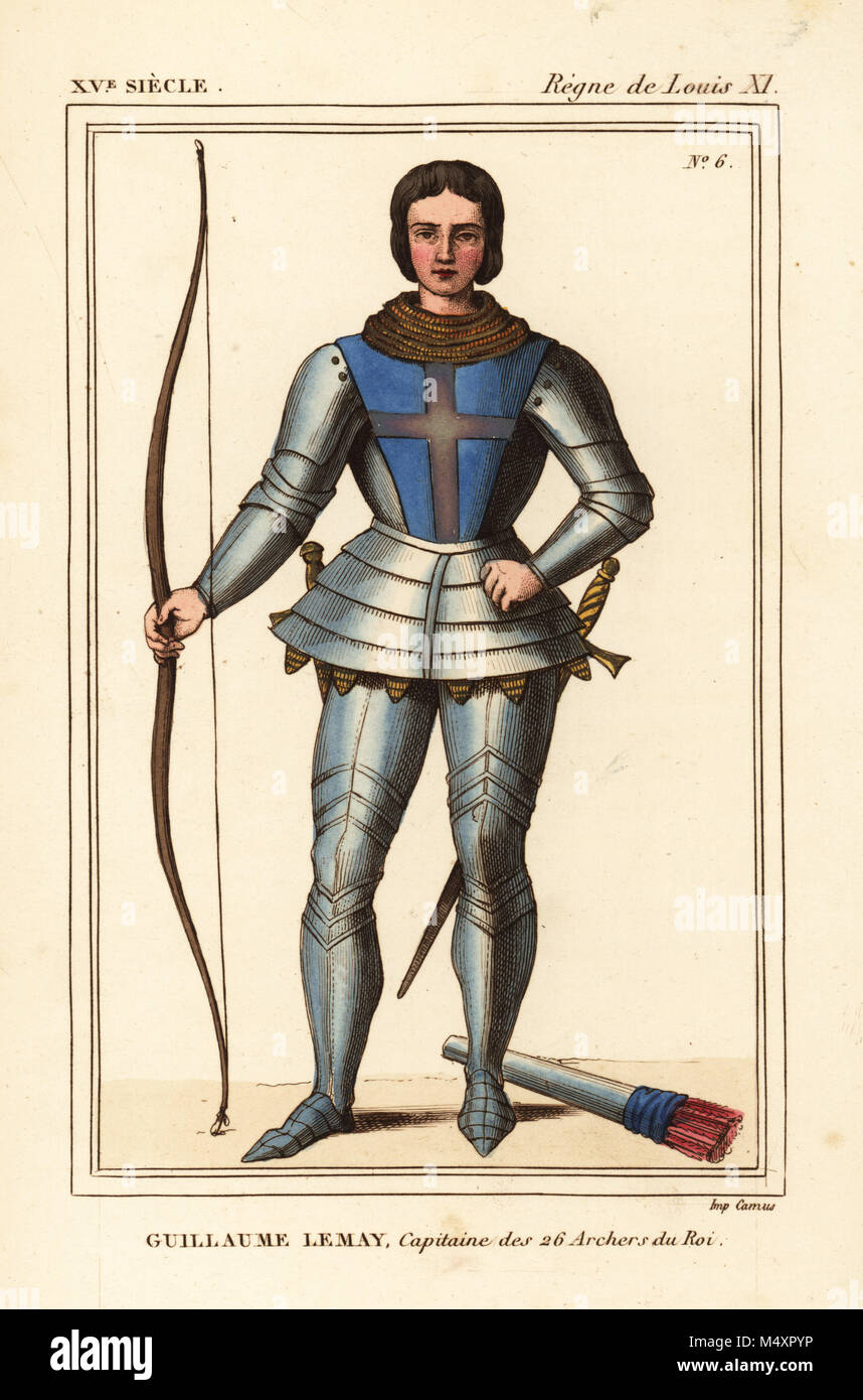 Guillaume Lemay, Kapitän der 26 Bogenschützen du Roi von König Ludwig XI. von Frankreich. Papierkörbe Lithographie nach seinem Grabstein in Saint-Pierre-des-Arcis Kirche in Roger de Gaignieres' portfolio VII 38 von Le Bibliophile Jakob aka Paul Lacroix's Kostüme Historiques de la France (Historische Kostüme von Frankreich), Verwaltung de Librairie, Paris, 1852. Stockfoto