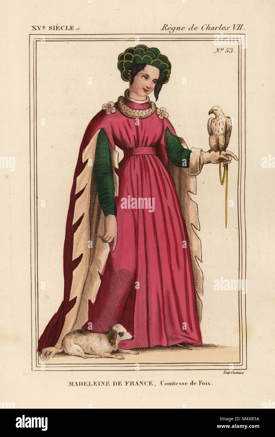 Madeleine de Frankreich, Comtesse de Foix, Tochter von König Karl VII. von Frankreich, 1443-1495. Sie trägt ein rosa Kleid mit langen Angel-wing Hülsen (manche a l'Ange), hält ein Falke auf Ihren behandschuhten Linken und hat einen Spaniel zu ihren Füßen. Papierkörbe Lithografie nach einem zeitgenössischen Zeichnung von Le Bibliophile Jakob aka Paul Lacroix's Kostüme Historiques de la France (Historische Kostüme von Frankreich), Verwaltung de Librairie, Paris, 1852. Stockfoto