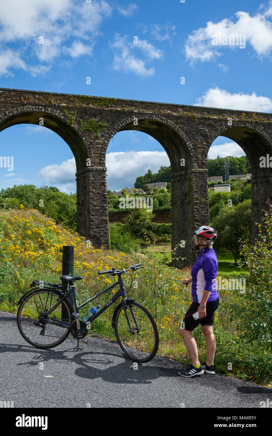 Radfahrer unter Kilmacthomas Viadukt, Waterford Greenway, County Waterford, Irland. Stockfoto