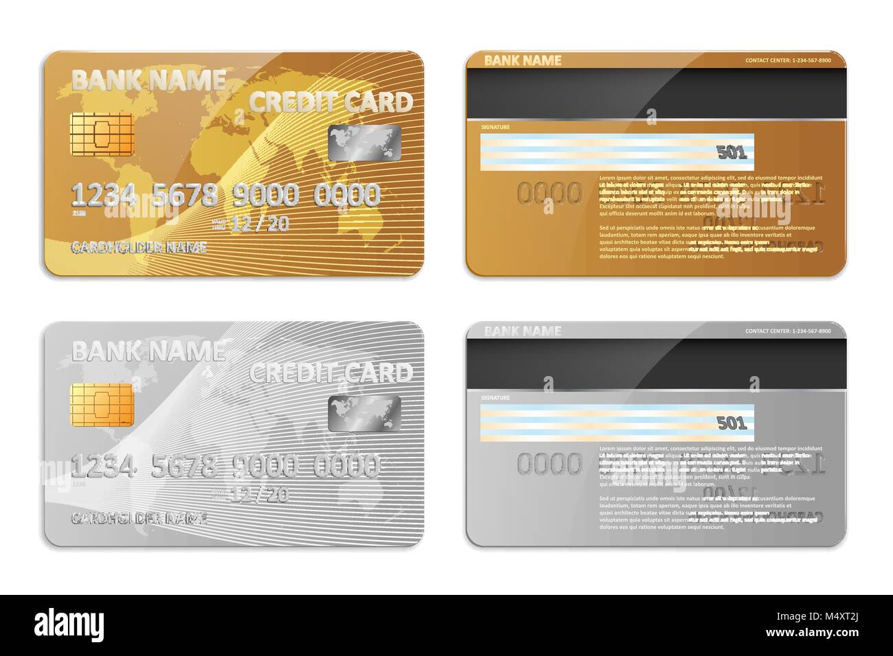 Realistische Gold und Silber bank Kreditkarte Vorlage isoliert. Bank Kunststoff Kreditkarte mockup mit abstrakten Design und Weltkarte für Banking. Vector Illustration Stock Vektor