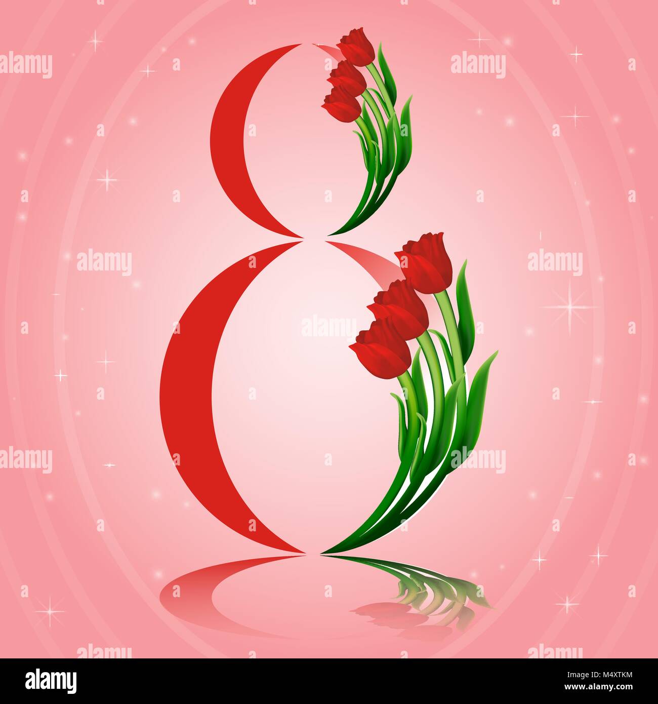 Elegante Grußkarten-Design mit Tulpen für den Internationalen Frauentag. 8. märz Postkarte Konzept mit glühenden magischen Licht. Vector Illustration. Stock Vektor