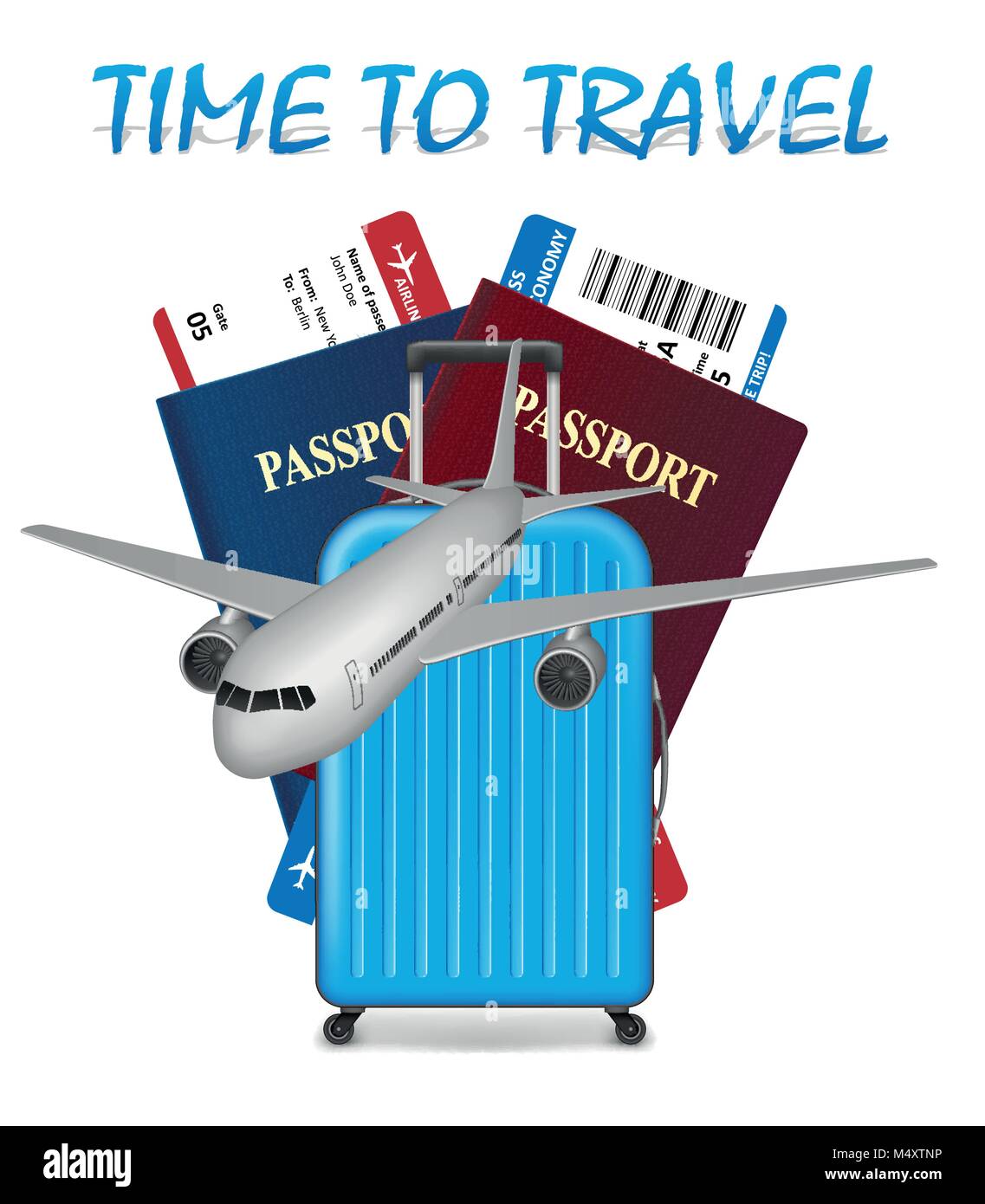 Air Travel international Ferienhäuser Konzept. Business Travel Banner mit Flugtickets, realistische Flugzeug und Koffer auf weißem Hintergrund. Vector Illustration Stock Vektor