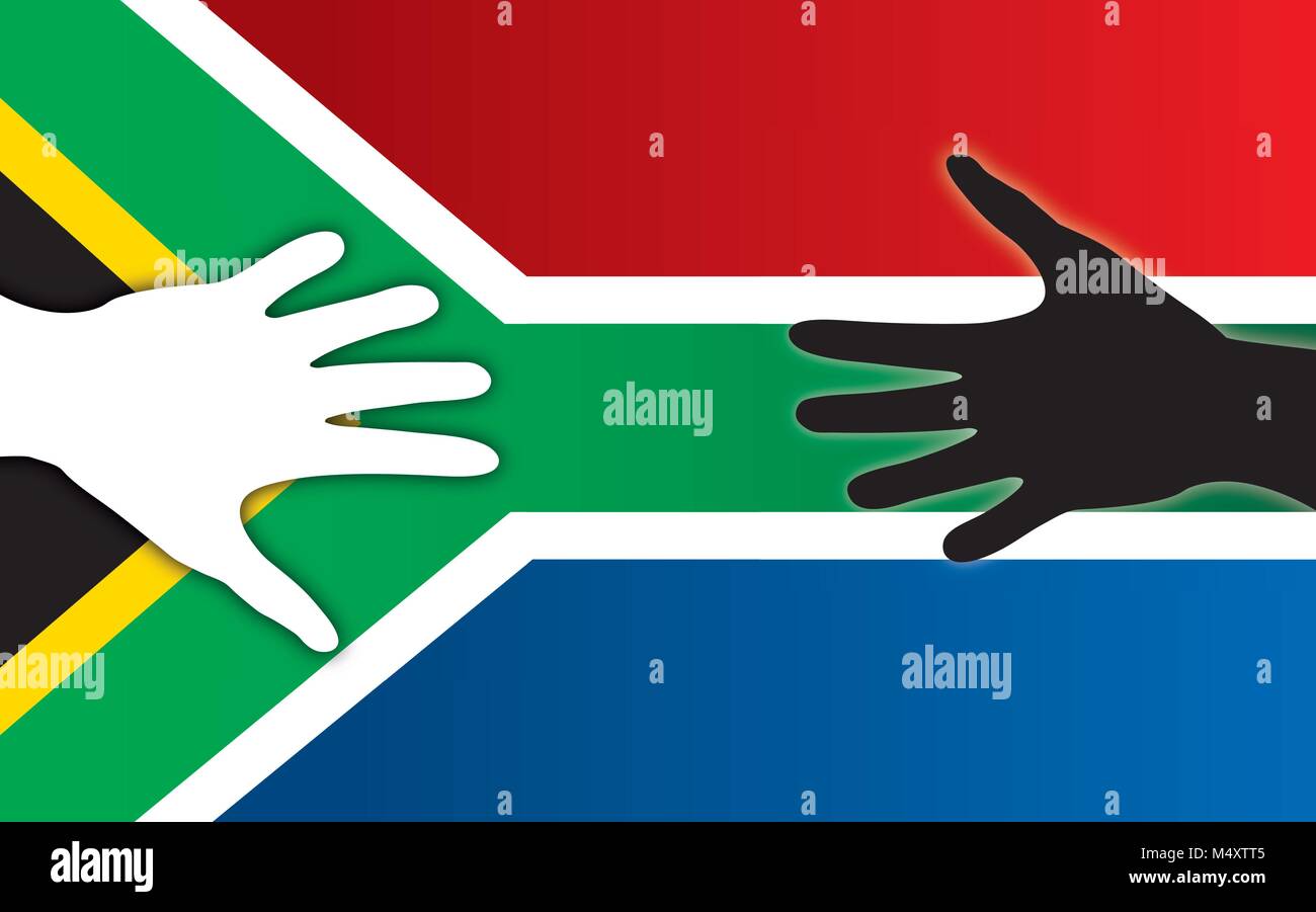 Südafrika Flagge mit einem freundlichen Händedruck von farbigen und weißen Händen Stock Vektor
