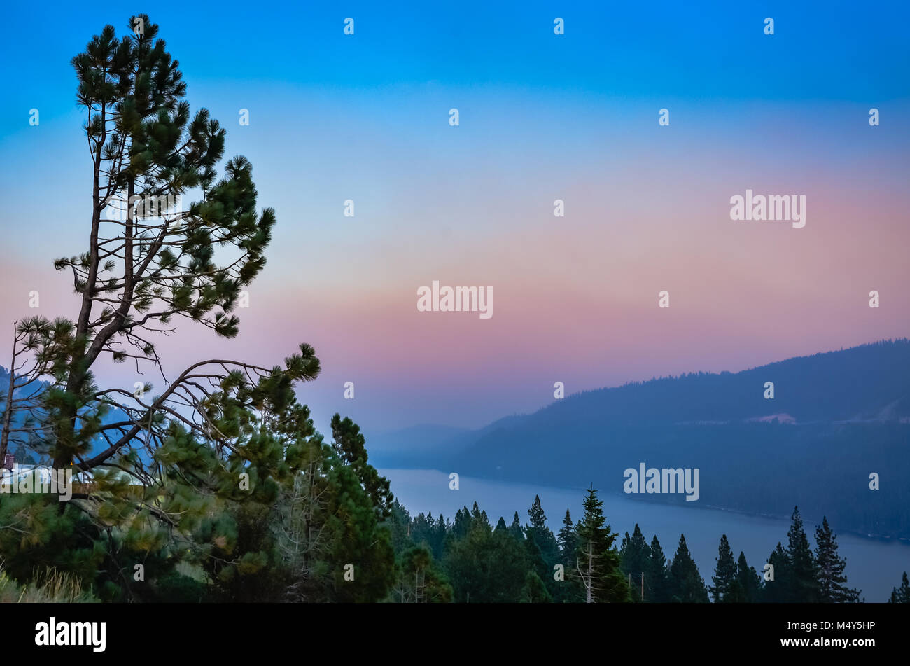 Blick auf den Lake Tahoe von Barsch über Bäumen auf einem dunkelrosa Sonnenuntergang am Abend. Stockfoto