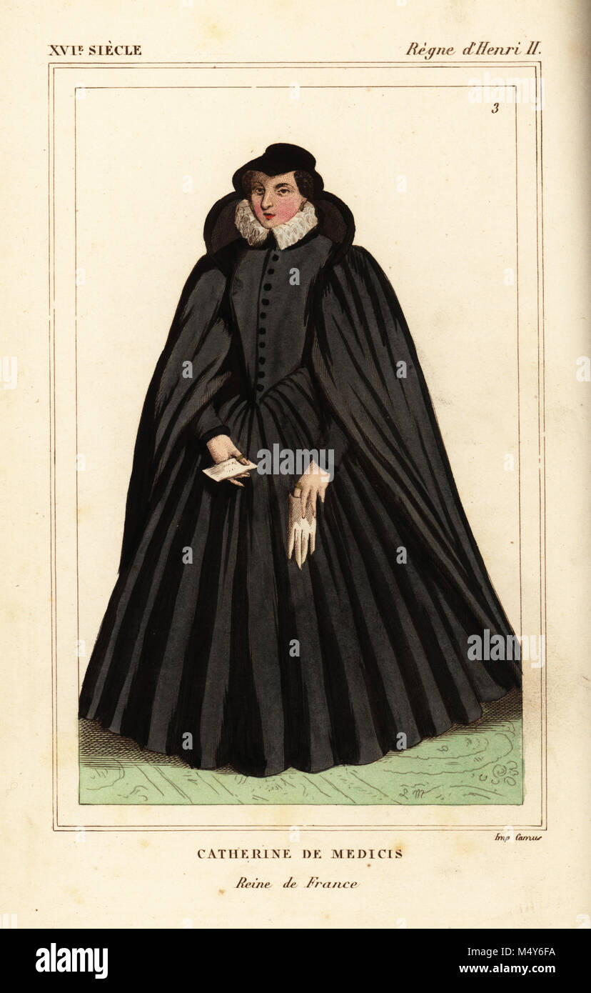 Katharina de Medici, Königin von Frankreich, König von König Heinrich II. von Frankreich. Papierkörbe Lithographie von Leopold Massard nach einem Portrait in Roger de Gaignieres 'Cabinet (Portfolio VIII 95) von Le Bibliophile Jakob aka Paul Lacroix's Kostüme Historiques de la France (Historische Kostüme von Frankreich), Verwaltung de Librairie, Paris, 1852. Stockfoto