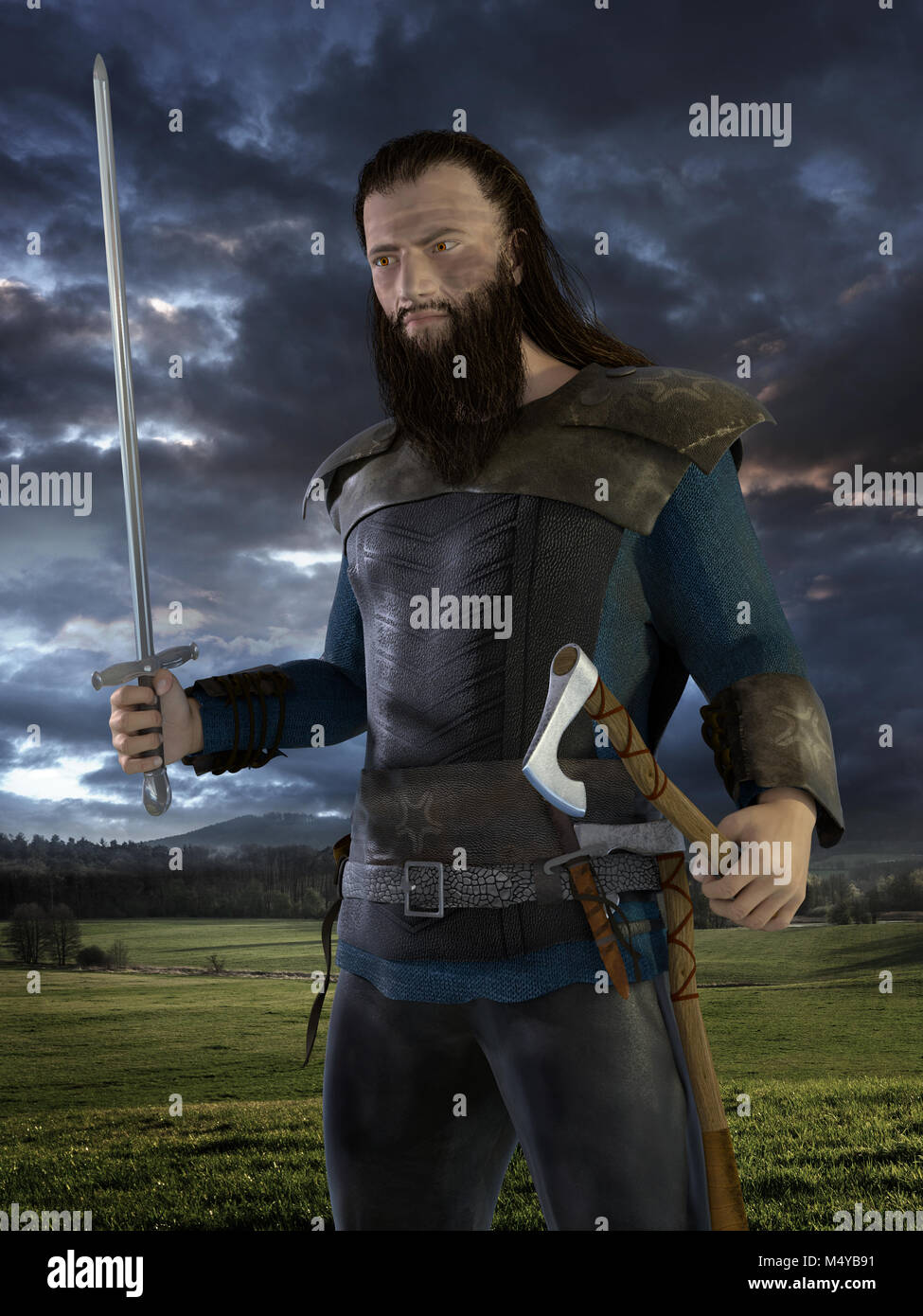 Viking Warrior mit Axt und Schwert auf Wiese bei Sonnenuntergang. 3D-Render Abbildung. Stockfoto