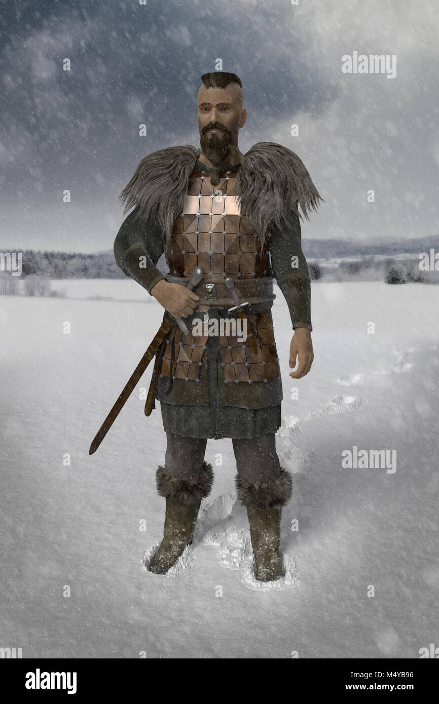 Viking warrior im Schnee Landschaft. 3D-Render Abbildung. Stockfoto