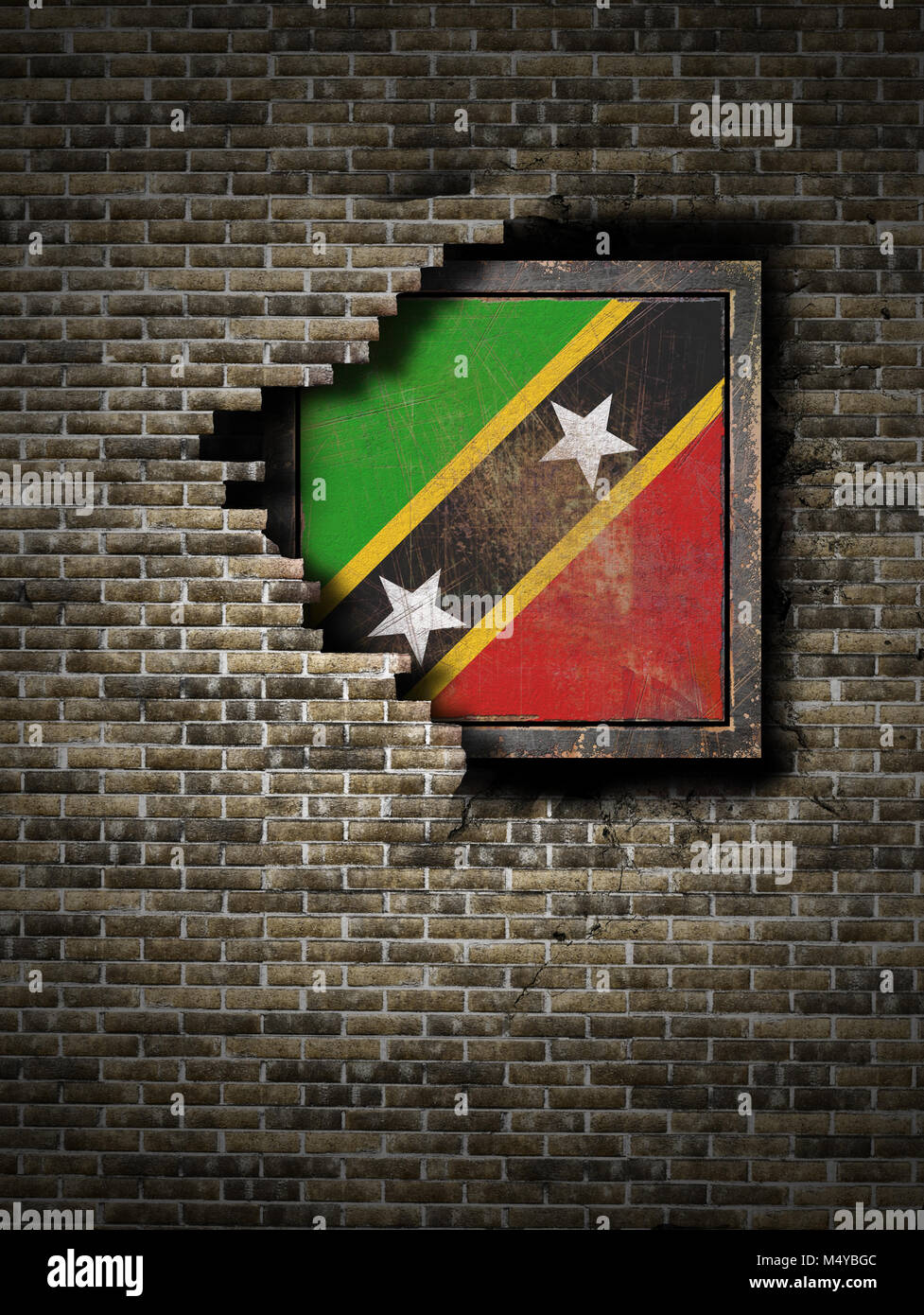 3D-Rendering für eine Saint Christopher und Nevis Flagge über eine rostige Metallplatte embebed auf einer alten Mauer Stockfoto