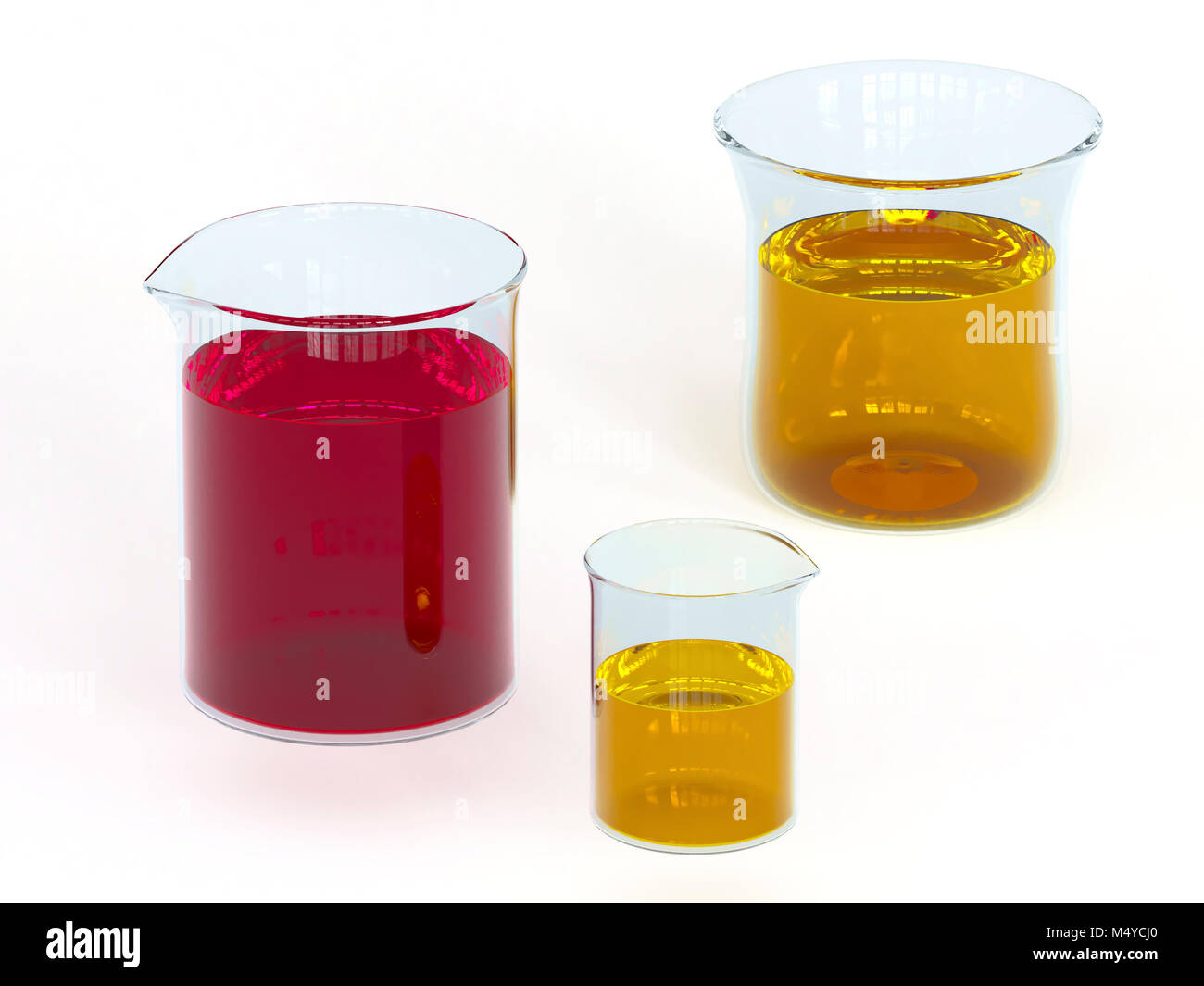 Chemische Glas Gefäße mit Flüssigkeiten in verschiedenen Farben gefüllt. 3D-Rendering. Stockfoto