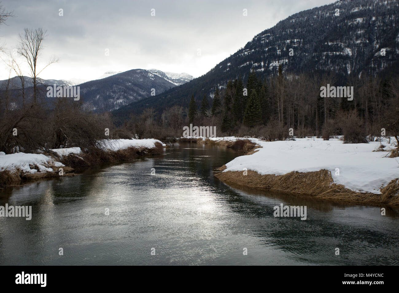 Bull River Wicklung südlich durch das Kabinett Berge an einem kalten, bewölkten Tag. Stockfoto