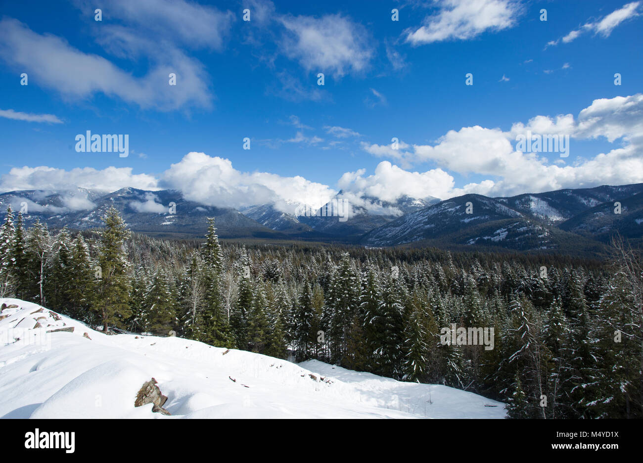 Ein Winter der Schnee bestäubt Kabinett Bergen über die Bull River Valley, von Eagle, in Sanders County im US-Bundesstaat Montana. Stockfoto