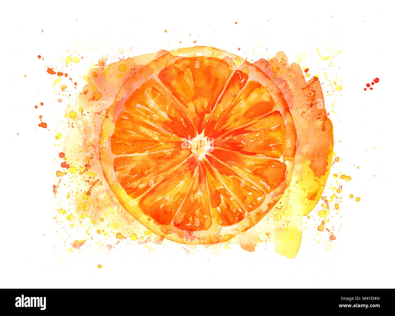 Aquarell orange Zeichnung mit Spritzer auf Weiß Stockfoto