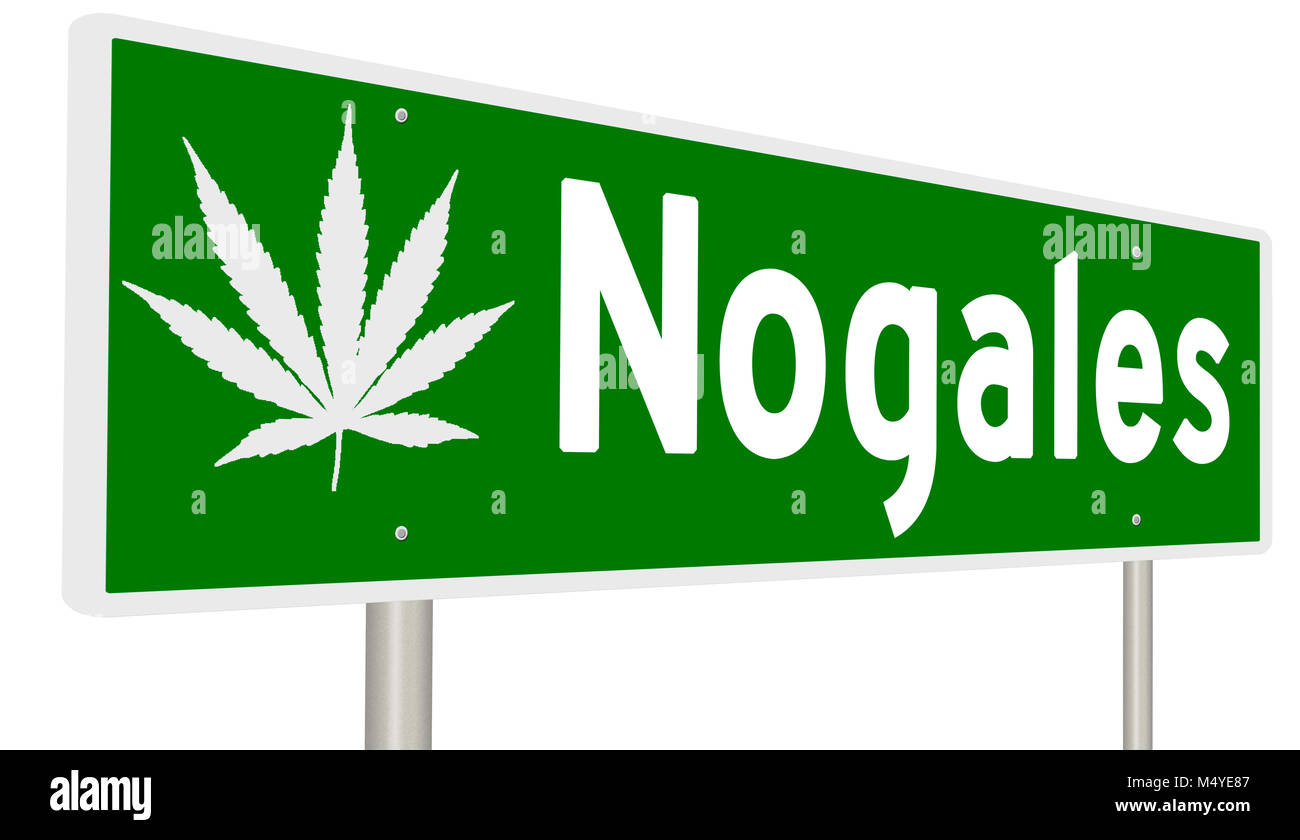 Rendering von einem grünen Hinweisschild mit Marihuana Blatt für Nogales Stockfoto