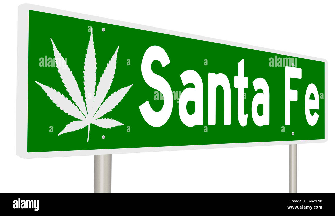 Rendering von einem grünen Hinweisschild mit Marihuana Blatt für Santa Fe Stockfoto