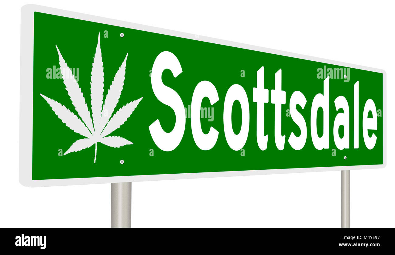 Rendering von einem grünen Hinweisschild mit Marihuana Blatt für Scotsdale Stockfoto