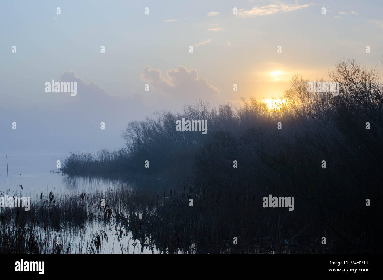 Sonnenuntergang am See an einem nebligen Morgen im Winter einfrieren Stockfoto