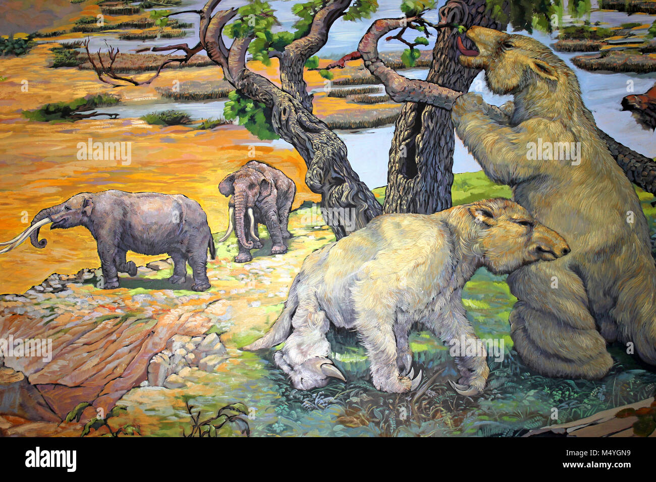Malerei von gigantischen Faultiere Megatherium americanum und Mastodonts Cuvieronius hyodon Stockfoto