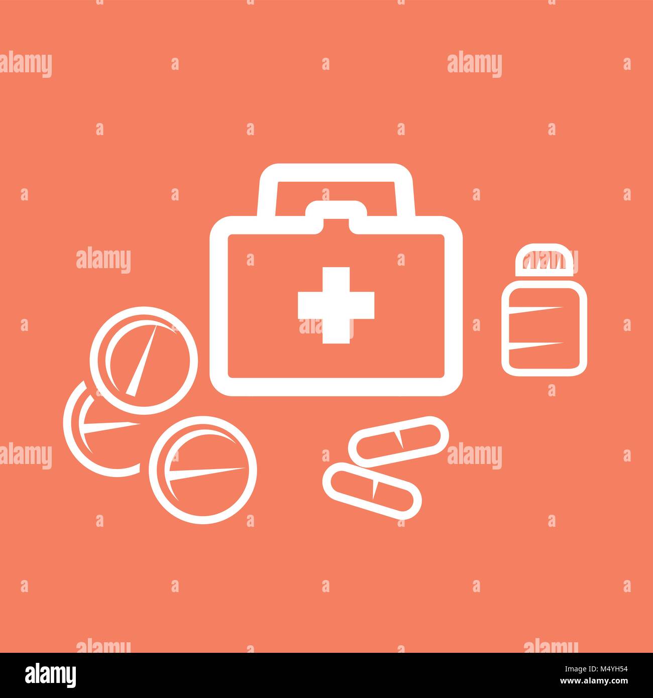 Medical Kit Box und Pillen - Medizin und Pharmazie Symbole Stock Vektor