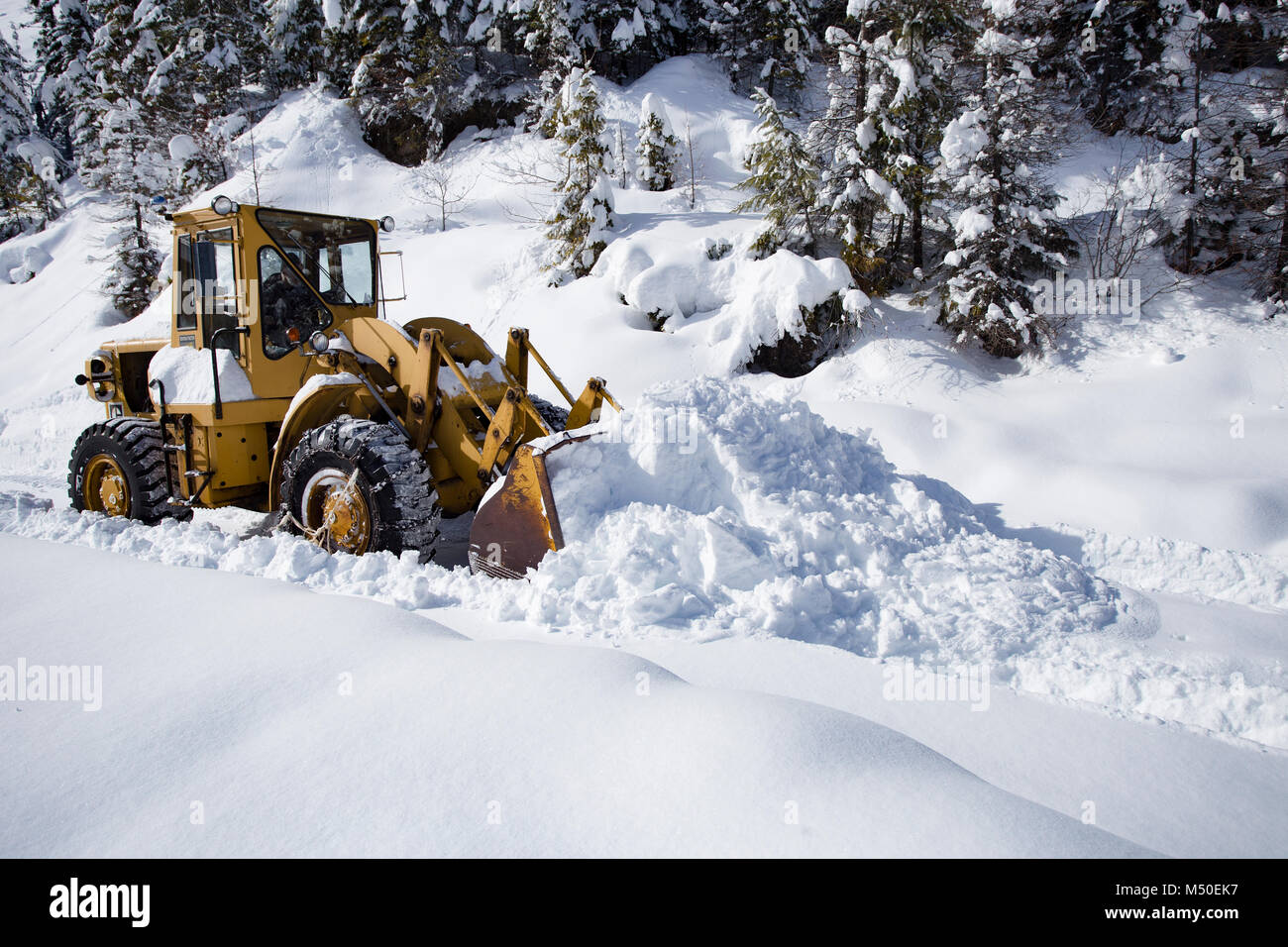 Noxon, Montana, USA. 19. Februar, 2018. Snow event. Ein Caterpillar 950 mit Gummibereifung artikuliert Lader Schneeräumen auf einem Berg Straße nördlich des Noxon, in Sanders County Montana. Der Lader wird von delbert Bowe von Libby, Montana betrieben. Die Straße ist in einem abgelegenen Teil des Schrankes Bergen, etwa 20 km nördlich von Noxon, Montana. Die Gegend war mit schweren Schnee, die aus dem Westen über das Wochenende kam, das mehrere Tage dauerte und Gedumpten über 20 Zentimeter Schnee in den Höhenlagen. Stockfoto