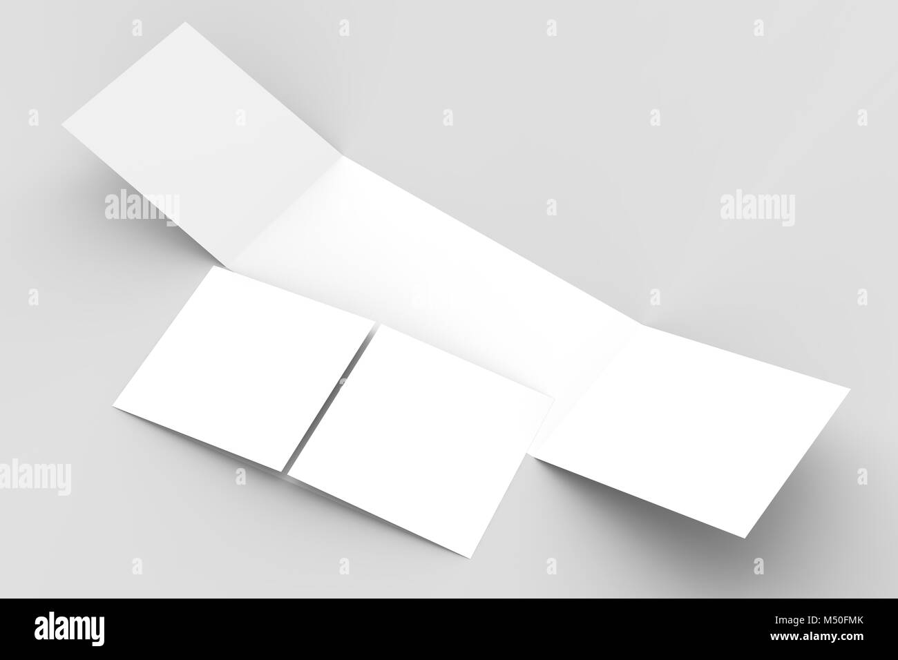 Horizontale - Landschaft Fensterfalz Broschüre mock up auf weichen grauen Hintergrund isoliert. 3D-Darstellung Stockfoto