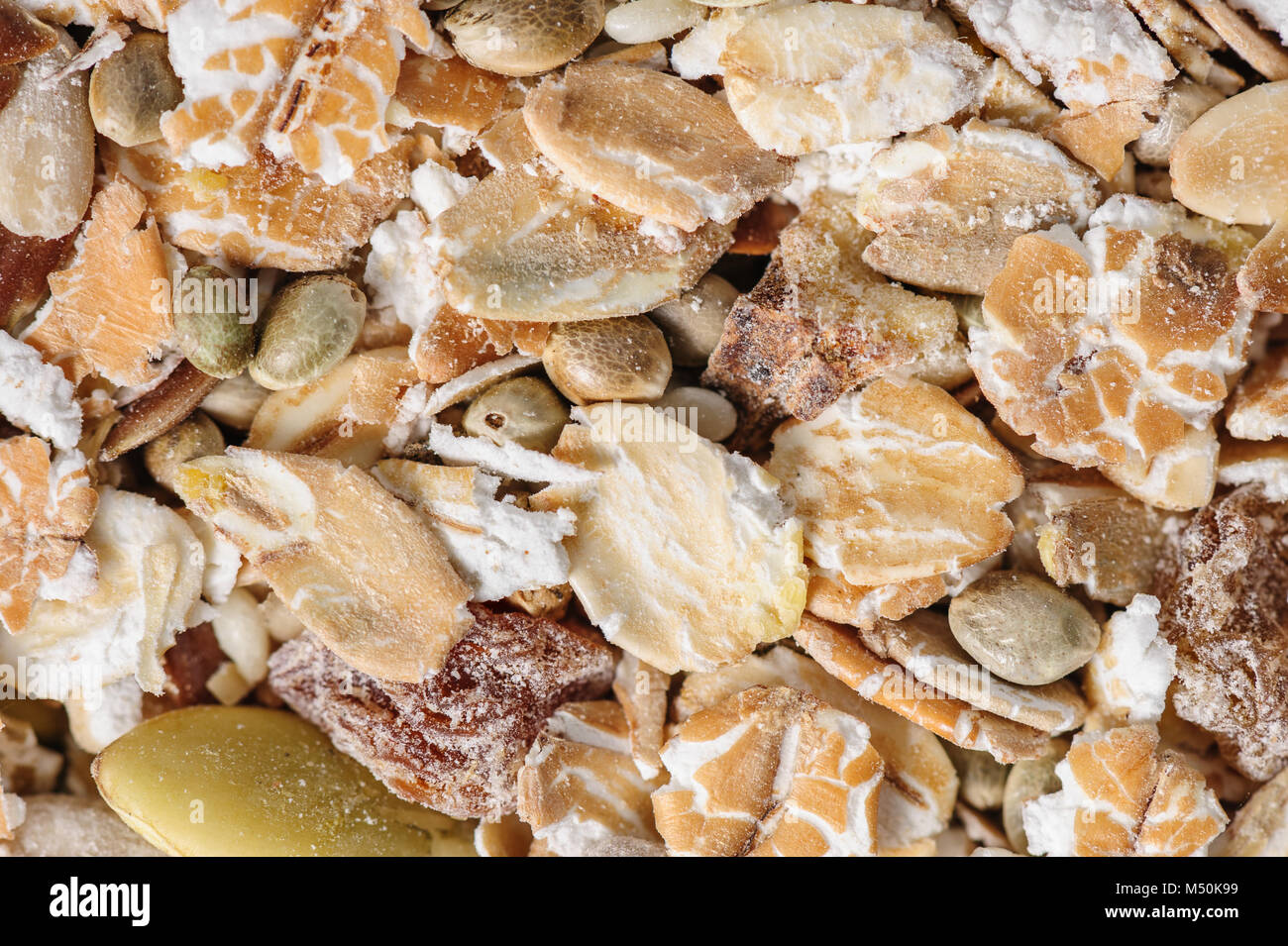 Trockenes Müsli Makro von oben Stockfoto