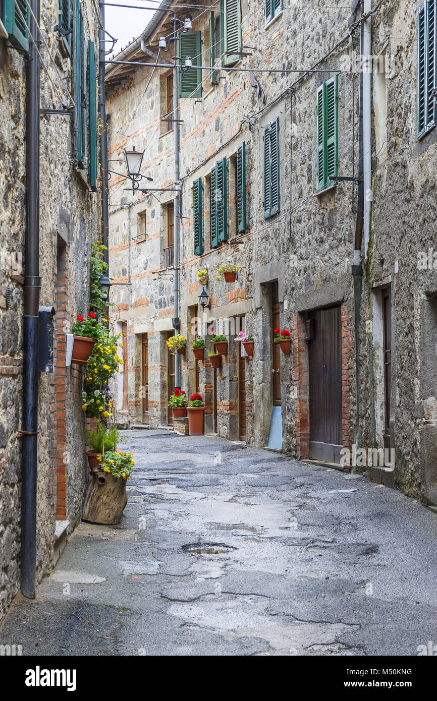 Idyllische Gasse mit Blumen in einem alten Stadtteil Stockfoto