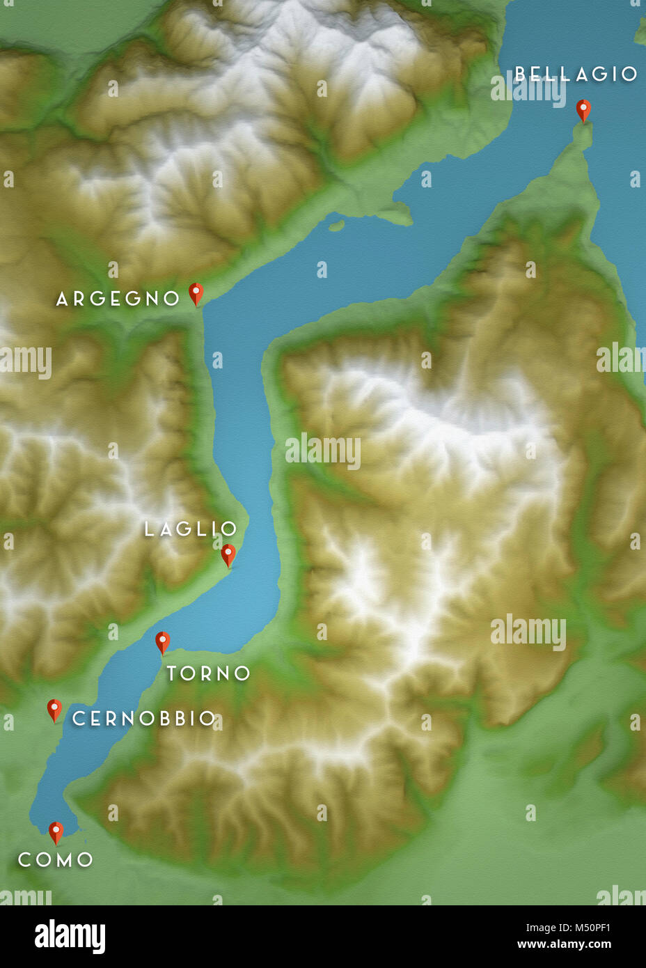 Como, Karte von Comer see, Karte mit Reliefs und die Berge gezogen. Tourist Board Stockfoto