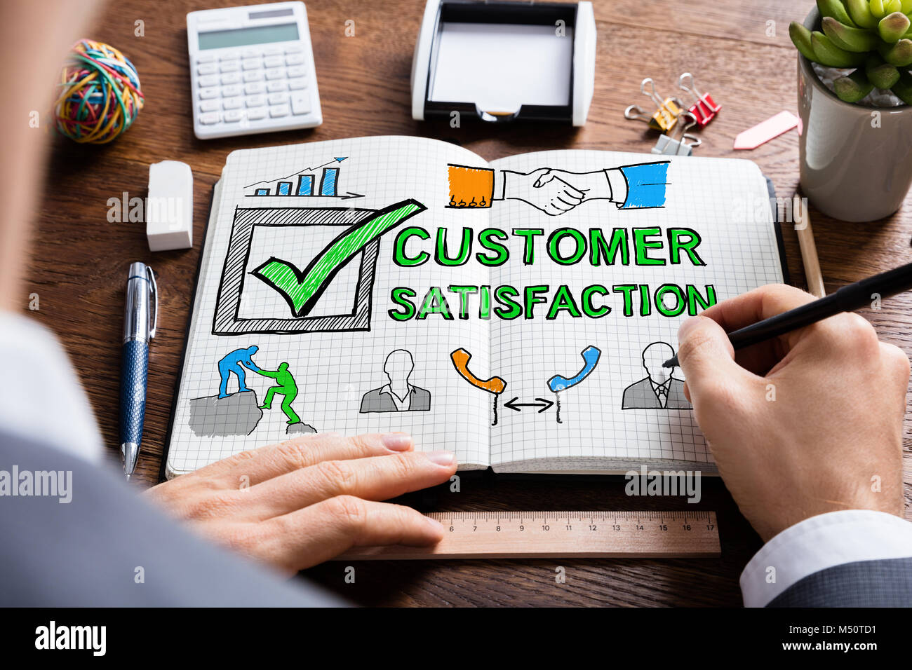 Mann Zeichnung Umfrage zur Kundenzufriedenheit Konzept in Notepad Stockfoto
