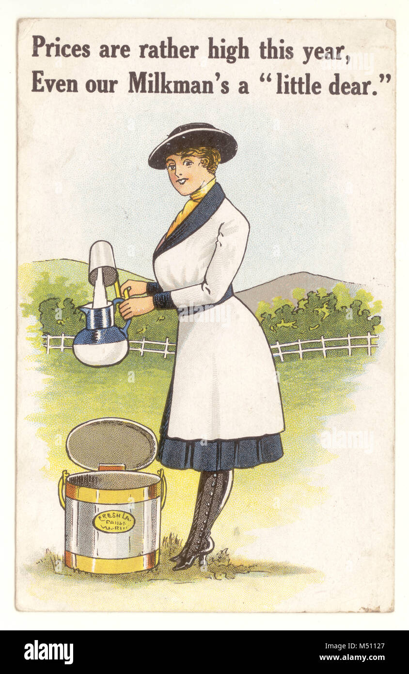 Comic-Postkarte weiblicher Milchmann, Milchmädchen, zeigt die sich verändernde Rolle der Frauen im 1. Weltkrieg, ehrenamtlich tätig, um den Kriegsanstrengungen zu helfen, traditionelle Männerjobs zu übernehmen, veröffentlicht 1918, Welling. GROSSBRITANNIEN Stockfoto