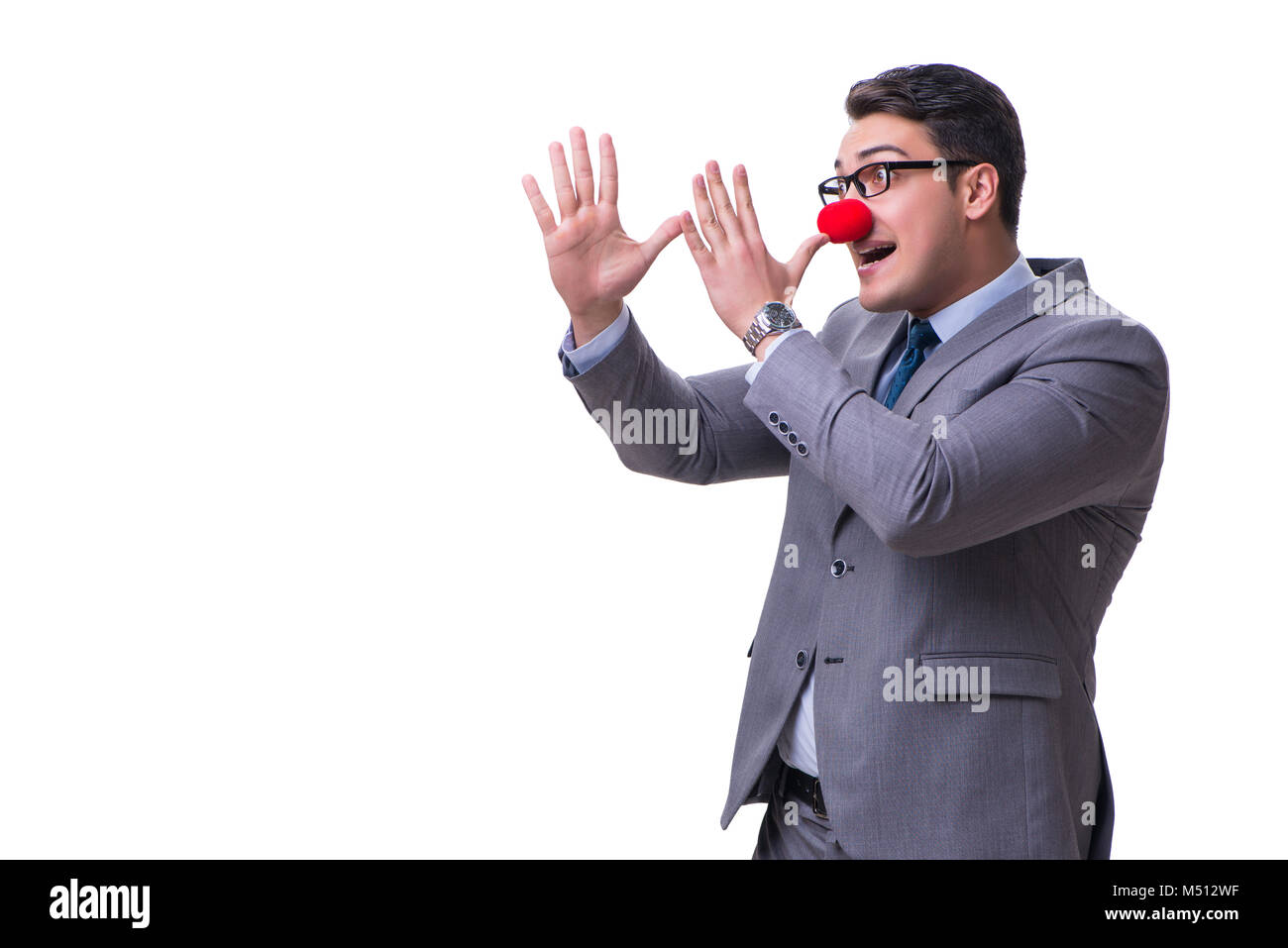 Lustiger Clown Geschäftsmann isoliert auf weißem Hintergrund Stockfoto