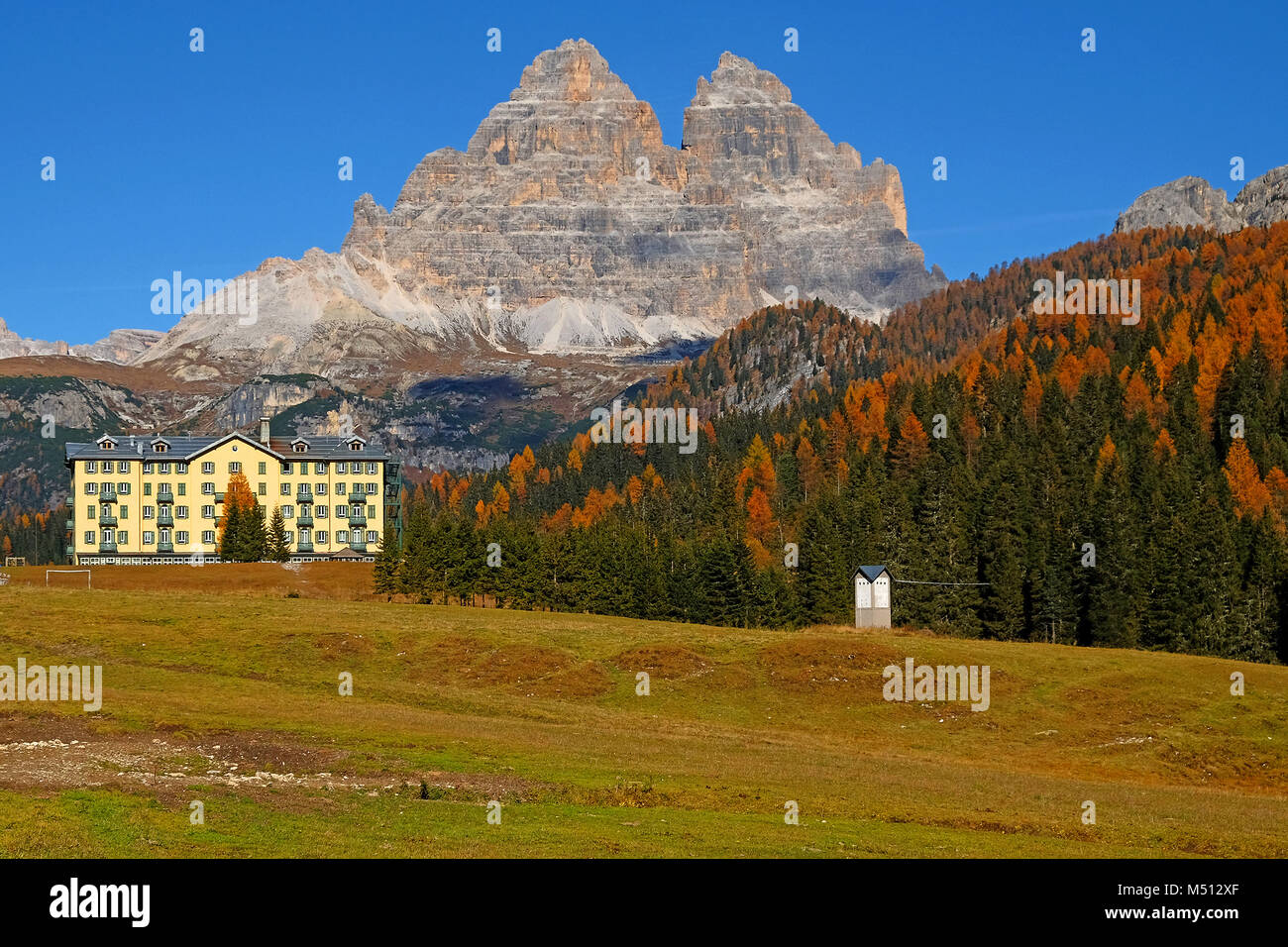 Tre Cime di Lavaredo von Misurina See, Dolomiten, Südtirol, Italien, Drei Zinnen gesehen Stockfoto