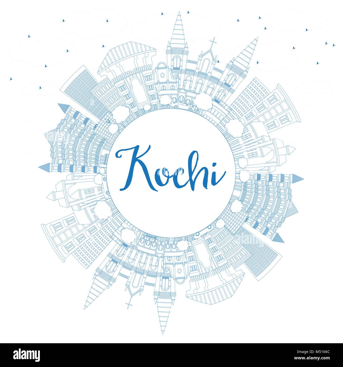 Umrisse Kochi in Indien die Skyline der Stadt mit blauen Gebäude und Kopieren. Vector Illustration. Business Travel und Tourismus Konzept Stock Vektor