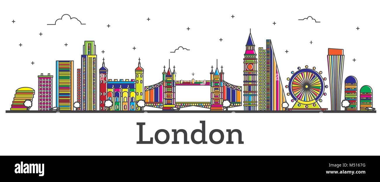 Umrisse London England Skyline der Stadt mit Farbe Gebäude isoliert auf Weiss. Vector Illustration. Londoner Stadtbild mit Sehenswürdigkeiten. Stock Vektor