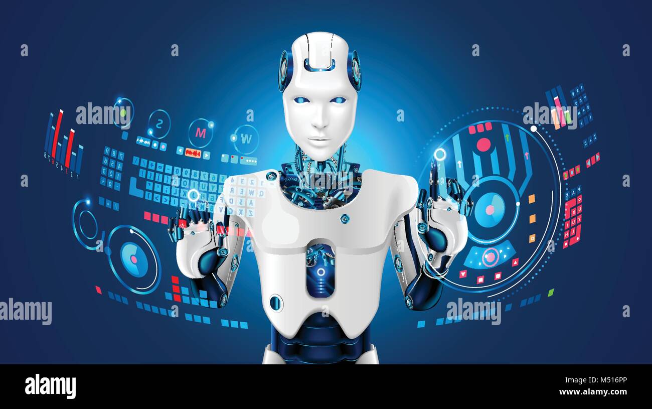 Der humanoide Roboter arbeitet mit einer virtuellen HUD Interface in der erweiterten Realität. Roboter mit einem Kunststoff Gesicht drückt die Taste auf der virtuellen Tastatur und Arbeit mit Stock Vektor